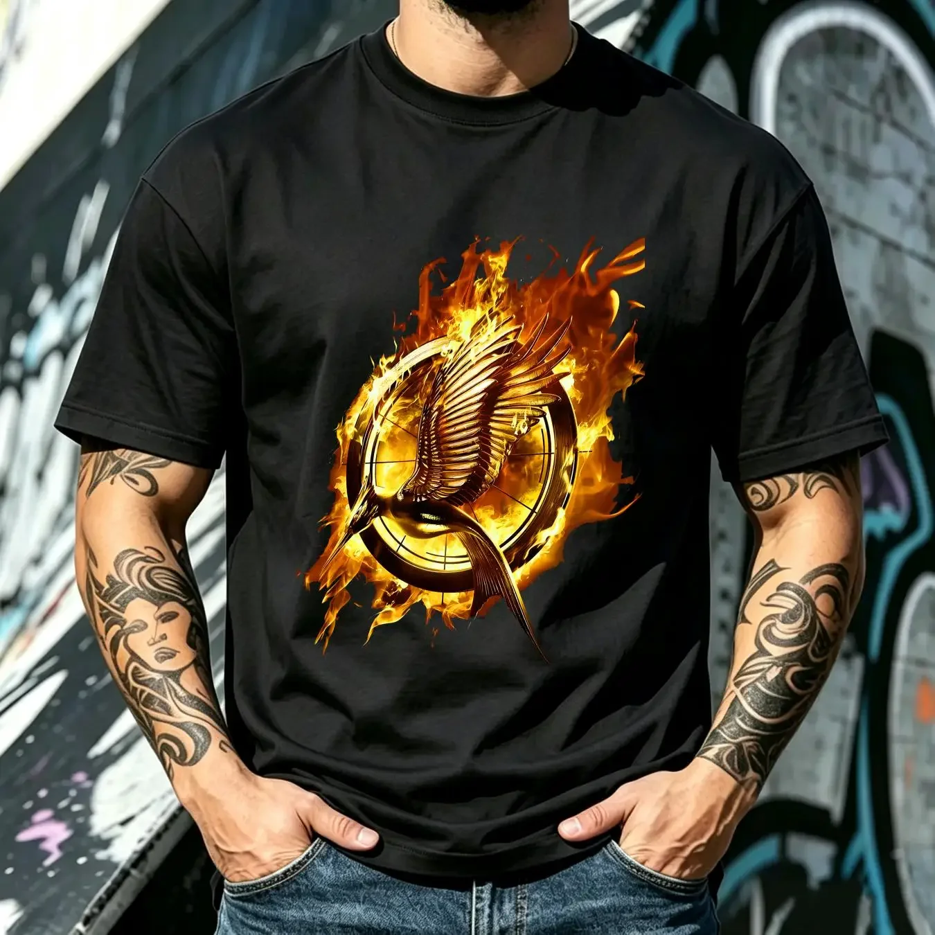 washed T Shirt The Hunger Games Catching Fire Golden Flaming Bird Medium Black vintage Washed Versatile homme Stretched Casual