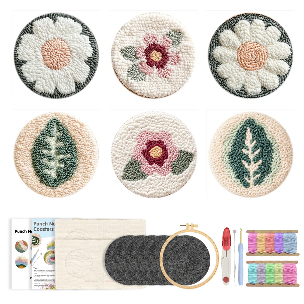 

CHENISTORY 6PC Flowers Art Punch Needle Coasters with Embroidery And Perforation Tools DIY Coaster Material Kit Table Decor