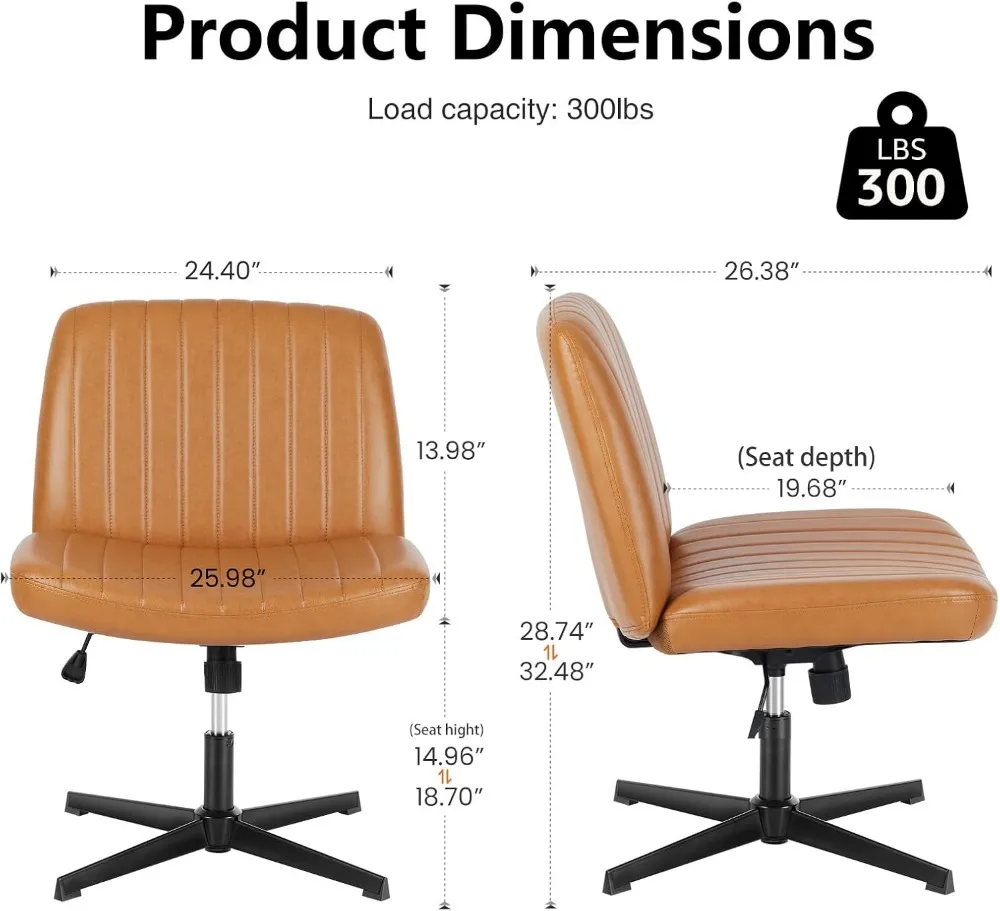 Wide Cross Legged Office Desk Chair, PU Leather Armless Adjustable Swivel Chair for Home Computer Task Brown
