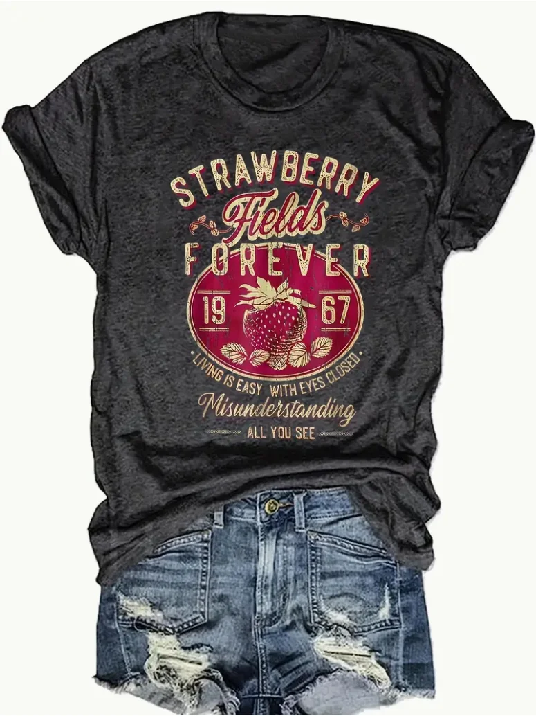 Plus Size Women's Vintage Strawberry Graphic T-Shirt, Stretchy Casual Tee with Retro Lettering & Fruit Print
