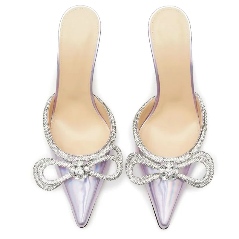 

Fluorescent Metallic Leather Heel Pumps Shoes Hologram Iridescent Bowtie Crystal Pointed Toe Slip On High Heels Mules Shoes