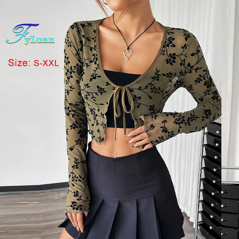 

2025 V-Neck Women's Short Lace Shirt American Style Chest Lace Up Long Sleeve Sun Protection Cardigan Spicy Girl Transparent Top
