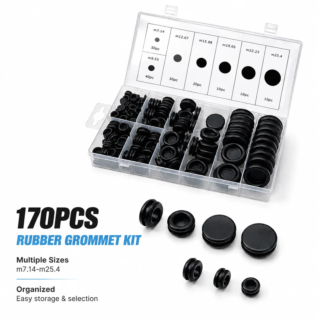 170 Pieces M7.14/9.53/12.07/15.88/19.05/22.23/25.4 Black Rubber Gasket Line Perforation Anti Scratch Wear-resistant Sealing Set