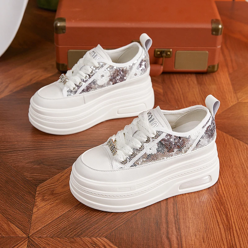 New 8cm Synthetic Platform Shoes Wedge Flats Sneaker Casual Bling Leather Comfy High Spring Chunky Slip on Autumn Frenum Shoes