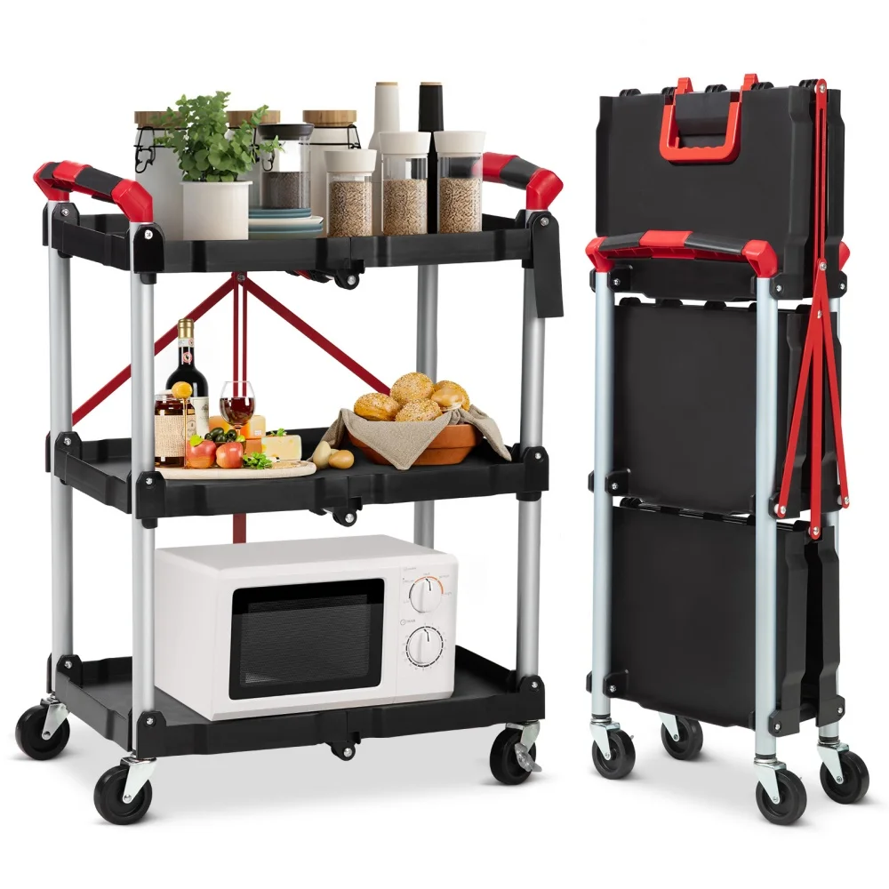 Folding Service Cart 3-Tier Portable Utility Cart Rolling Tool Cart w/Lockable Wheels Collapsible Utility Carts for Warehouse