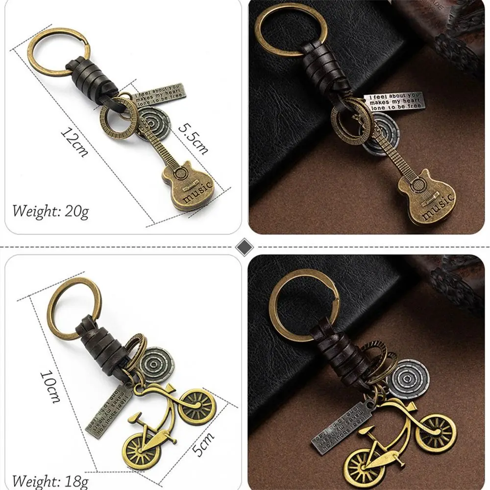 Elephant Vintage Brown Keychain Hat Bicycle Skateboard Music Guitar Keychain Leather Metal Retro Key Ring Lovers Couple