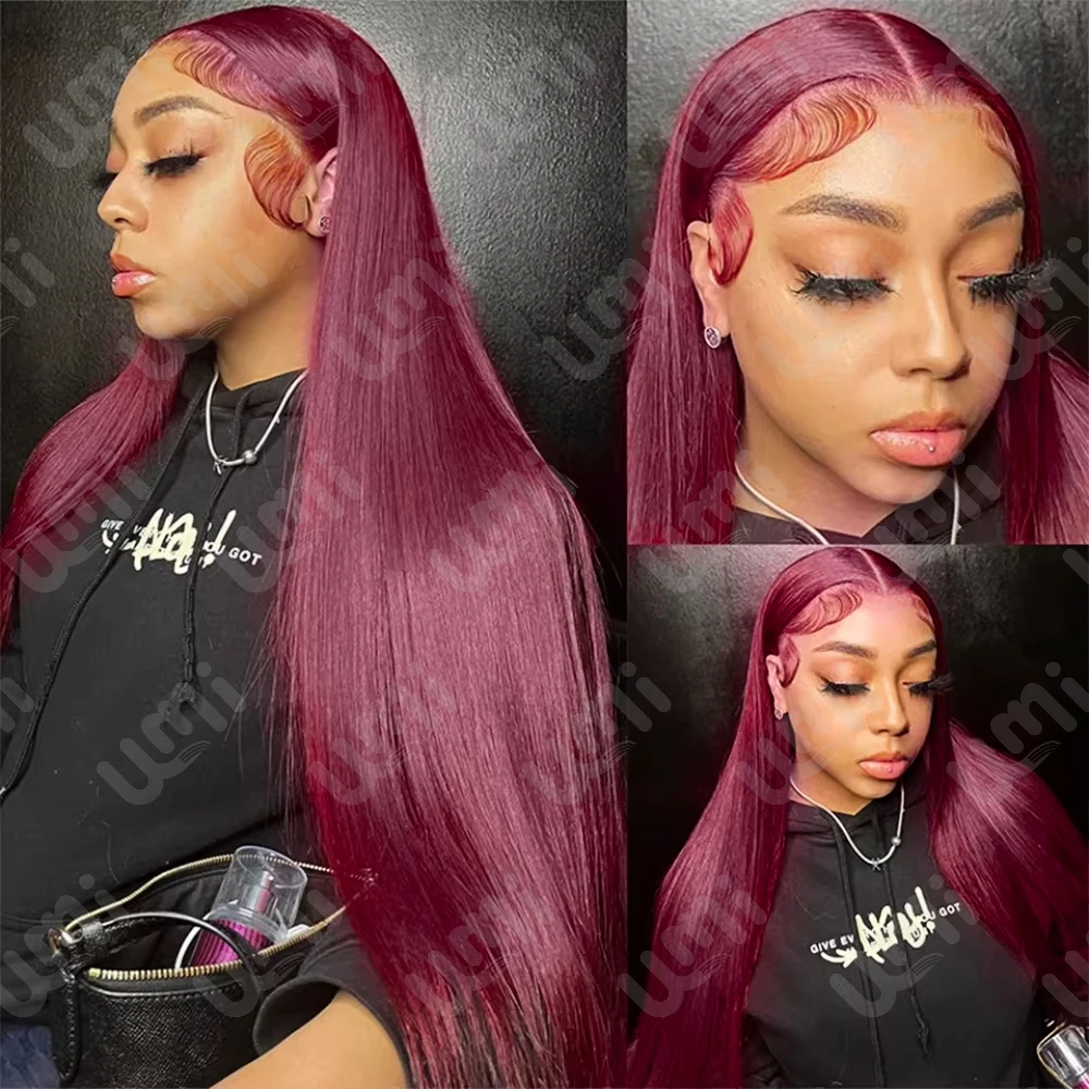 Umi 99J burgunder Knochen Gerade Bundles mit Frontal Menschliches Haar Verschluss wein 13X4 Remy Weave Bundles und Verschluss Haar Extensions