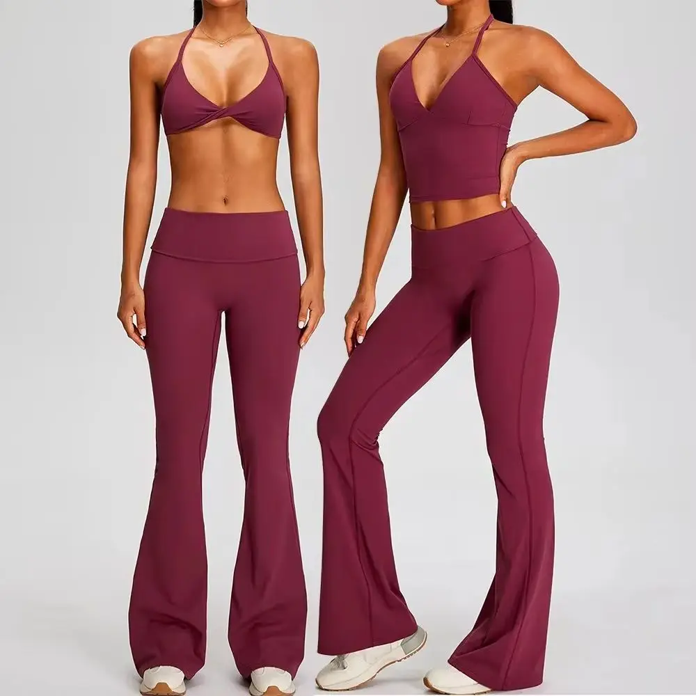 Women's Yoga Set GymClothing Fitness Suit 2Pc Running Workout Tracksuit Sportswear Outfits, Twist Bra High Waist Flare Leggings