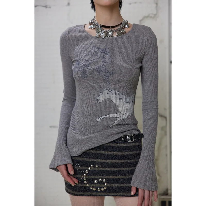 

Винтажная серая футболка с длинными рукавами и круглым вырезом с животным принтом, женская осень 2022, новая уличная одежда, сексуальные тонкие повседневные вязаные топы
