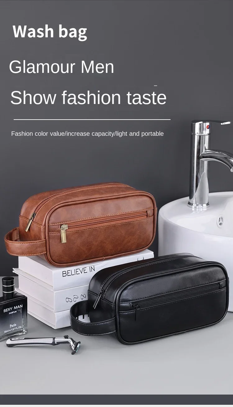 Kulturbeutel aus Leder für Herren, für Reisen, Geschäftsreisen, tragbare Kosmetiktasche, großes Fassungsvermögen, mehrere Taschen, handgehaltener Kulturbeutel aus Leder – Detail 2