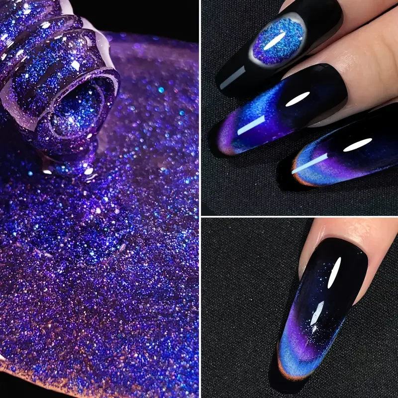 Faandin 7ml*1 Bottle, Seven-Color Changing Peacock Cat Eye Gel Nail Polish, with Black Base Color for Better Effect, Full Color, Not Easy to Peel Off, Long-Lasting Effect, Easy to Operate, Uv Lamp Quick-Drying, a Must-Have Item for Fashionable Ladies Attending Salons and Parties