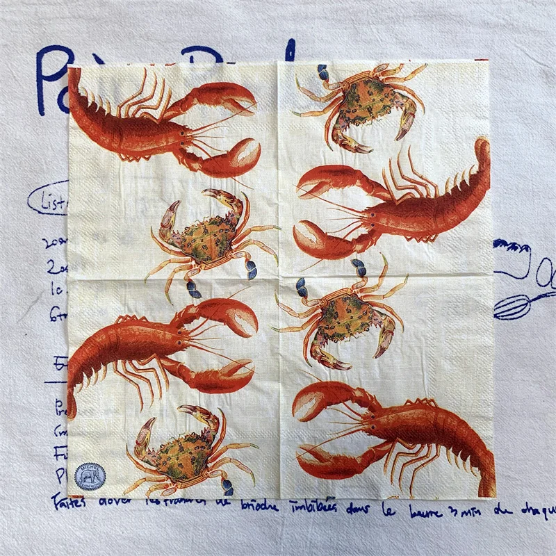 20Pcs/Bag Vintage Lobster Crab Decoupage Paper Napkins, Animal Paper Tissues for Party, Tableware, Wedding, Xmas Supplies 25x25