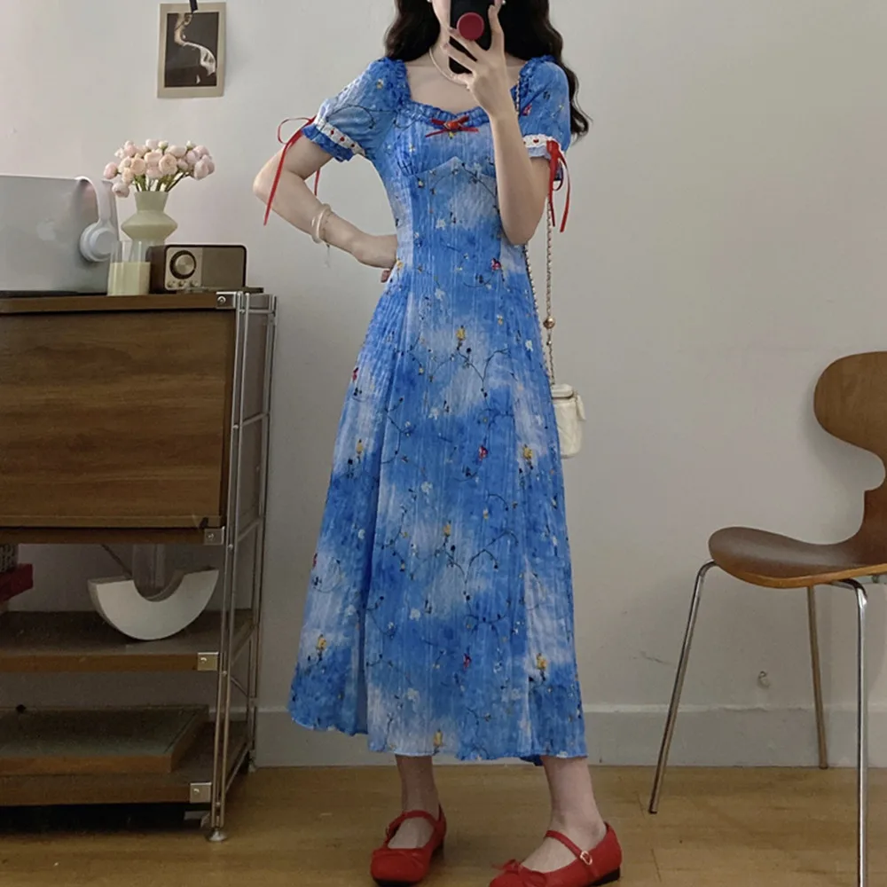 Tallas grandes suave dulce Sle gasa larga Dr azul estampado Floral adelgazante cintura alta A-Line falda coreana Sle verano Dr