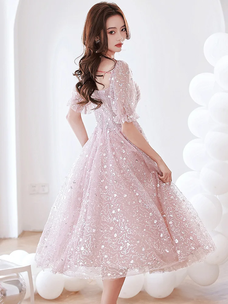 Bling Pink Women\'s Prom Dress Glitter Sequin Tulle A-Line Birthday Party Dresses Sweet Banquet Mid-Length Princess Gowns