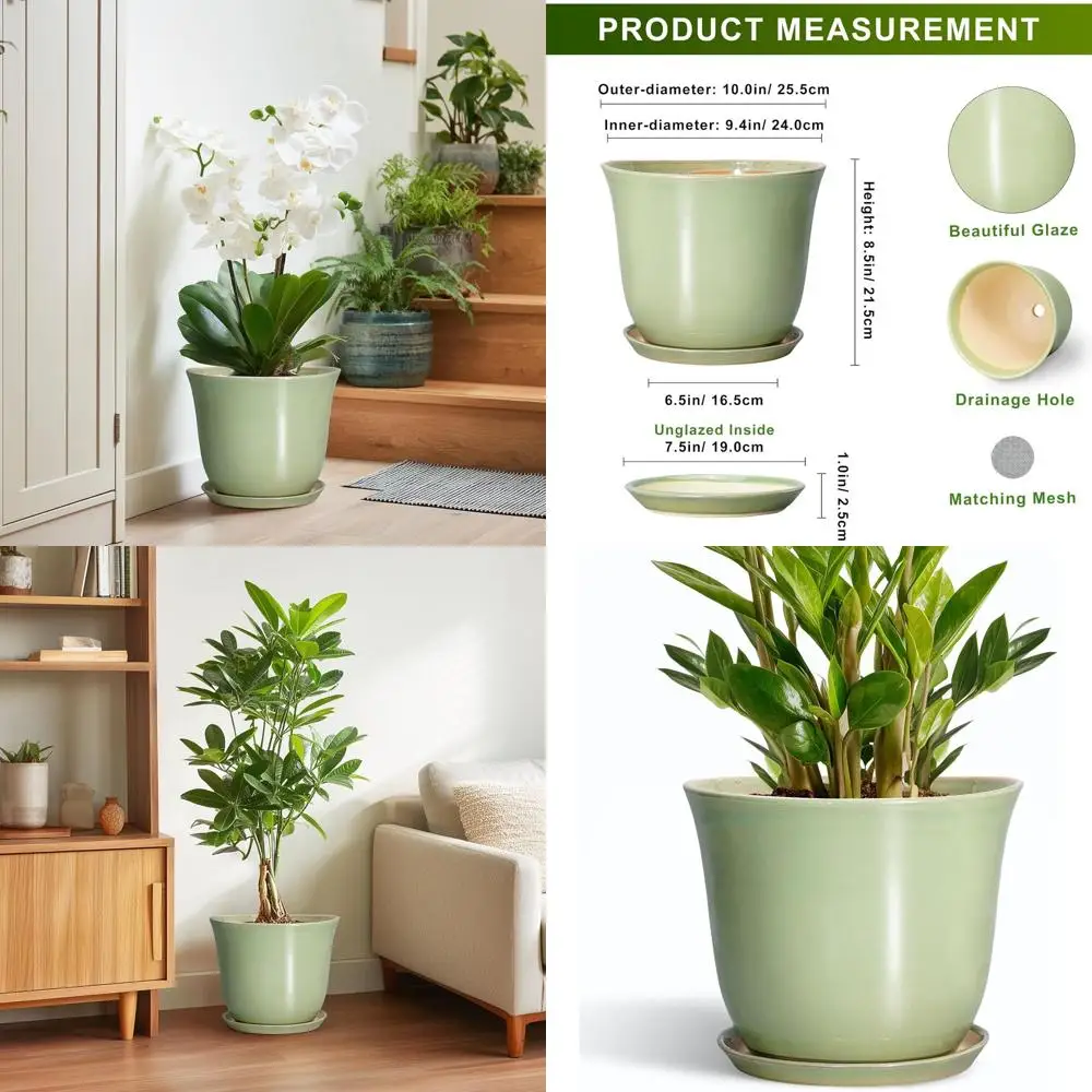 

10 Inch Round Planter with Drainage for Indoor or Outdoor Use, Suitable for Home and Office Decor, Ideal for Plant Lovers, Green