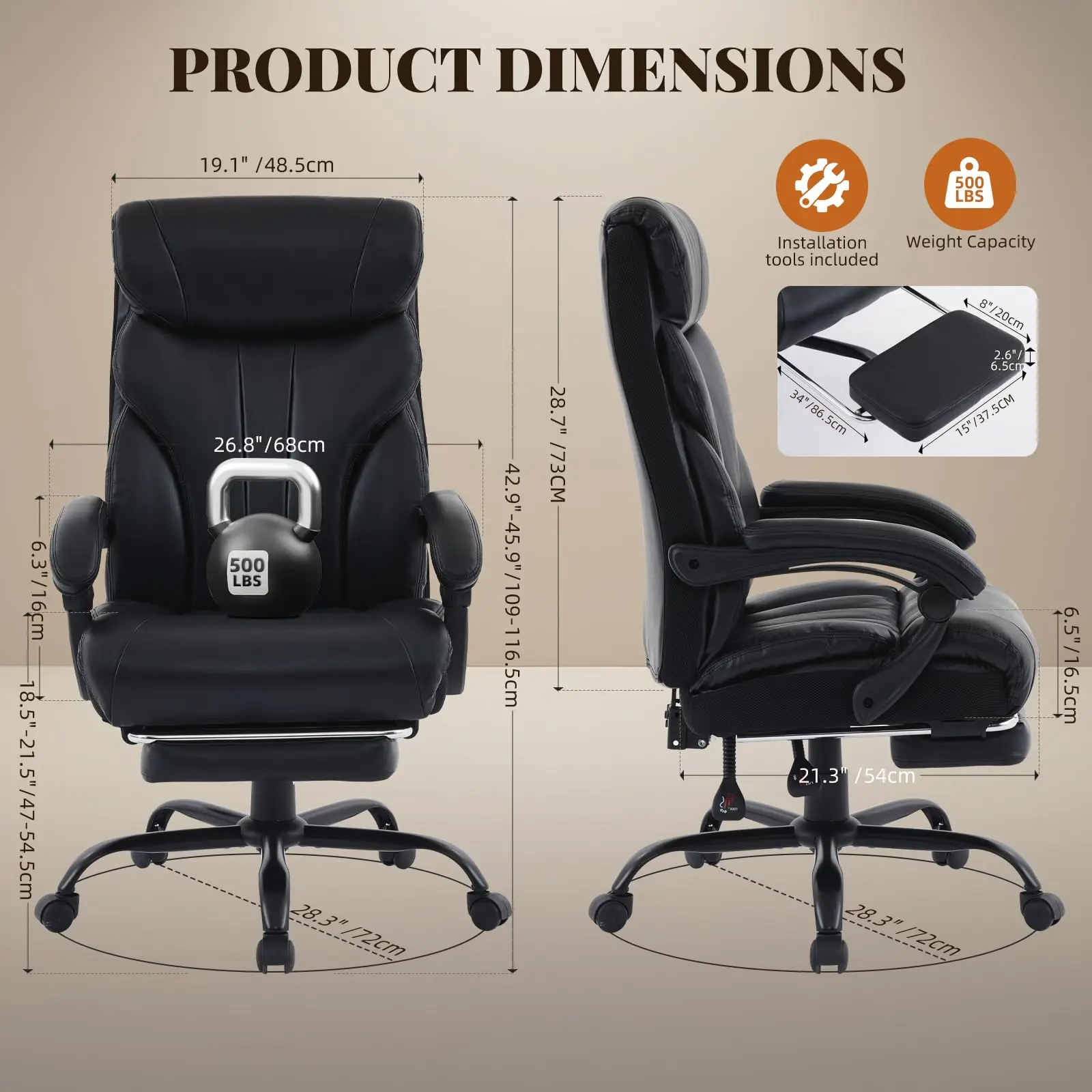 Ergonomic Executive Office Chair with High Back Support, Padded Armrests, Retractable Footrest, Wide Seat, and Heavy-Duty Swivel Base – Comfortable Computer Desk Chair for Home Office