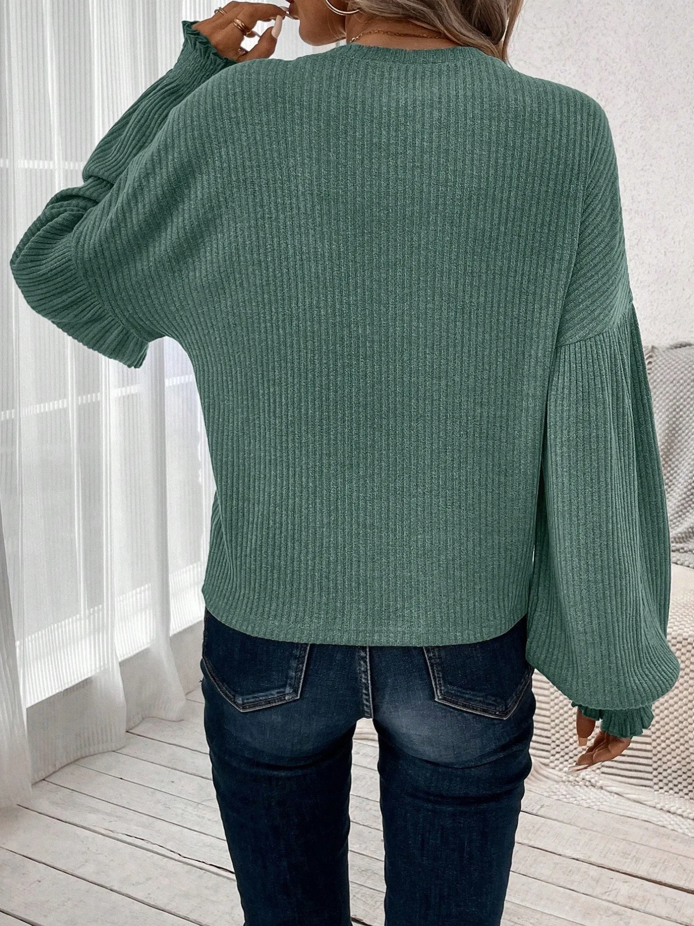 Autumn Women Solid Vertical Ribbed Knit Top Round Neck Drop Shoulder Lantern Sleeve Ruffle Cuff Loose Casual Blouse