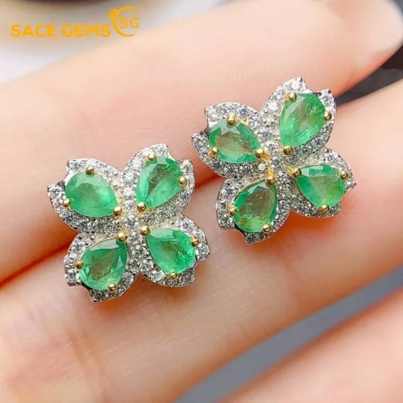 

SACE GEMS Fashion Jewelry Earrings for Women 925 Sterling Silver 3*4MM Natual Emerald Stud Earrings Wedding Party Fine Jewelry