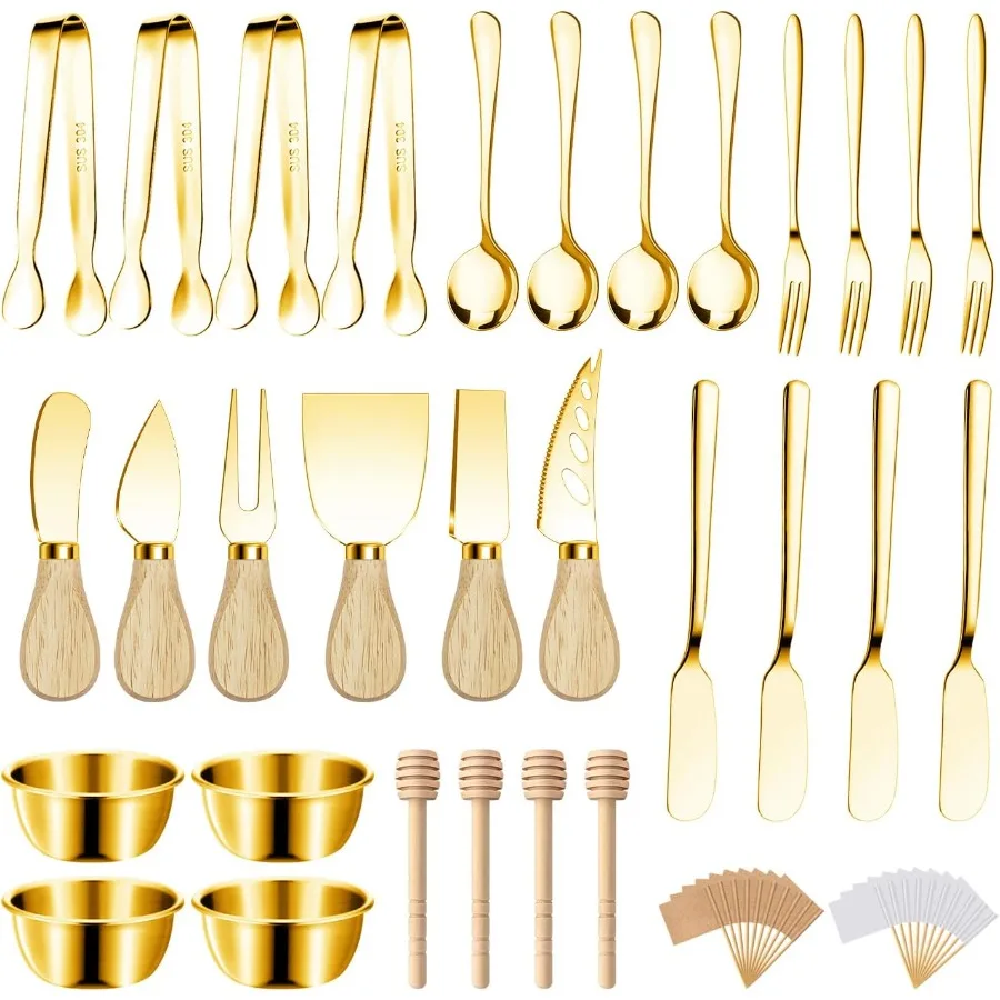 

Позолоченный набор аксессуаров для досок для мясных изделий с ножом для разбрасывания сыра и масла Маленькие сервировочные щипцы Вилки Ложки Лук для макания
