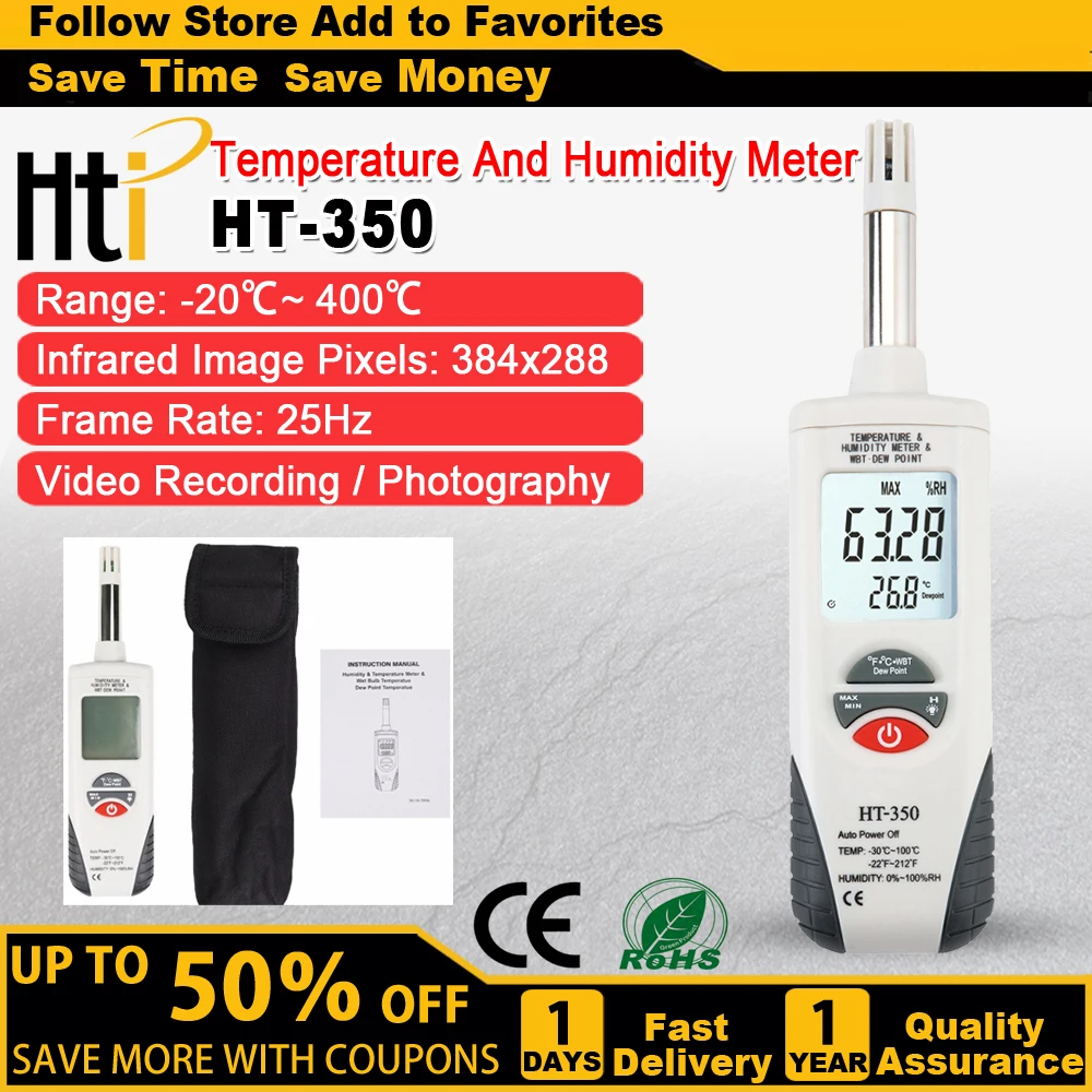 HTI HT-350 Portable Size High Accuracy Thermometer Hygrometer Digital LCD Display Indoor Outdoor Temperature Humidity Meter