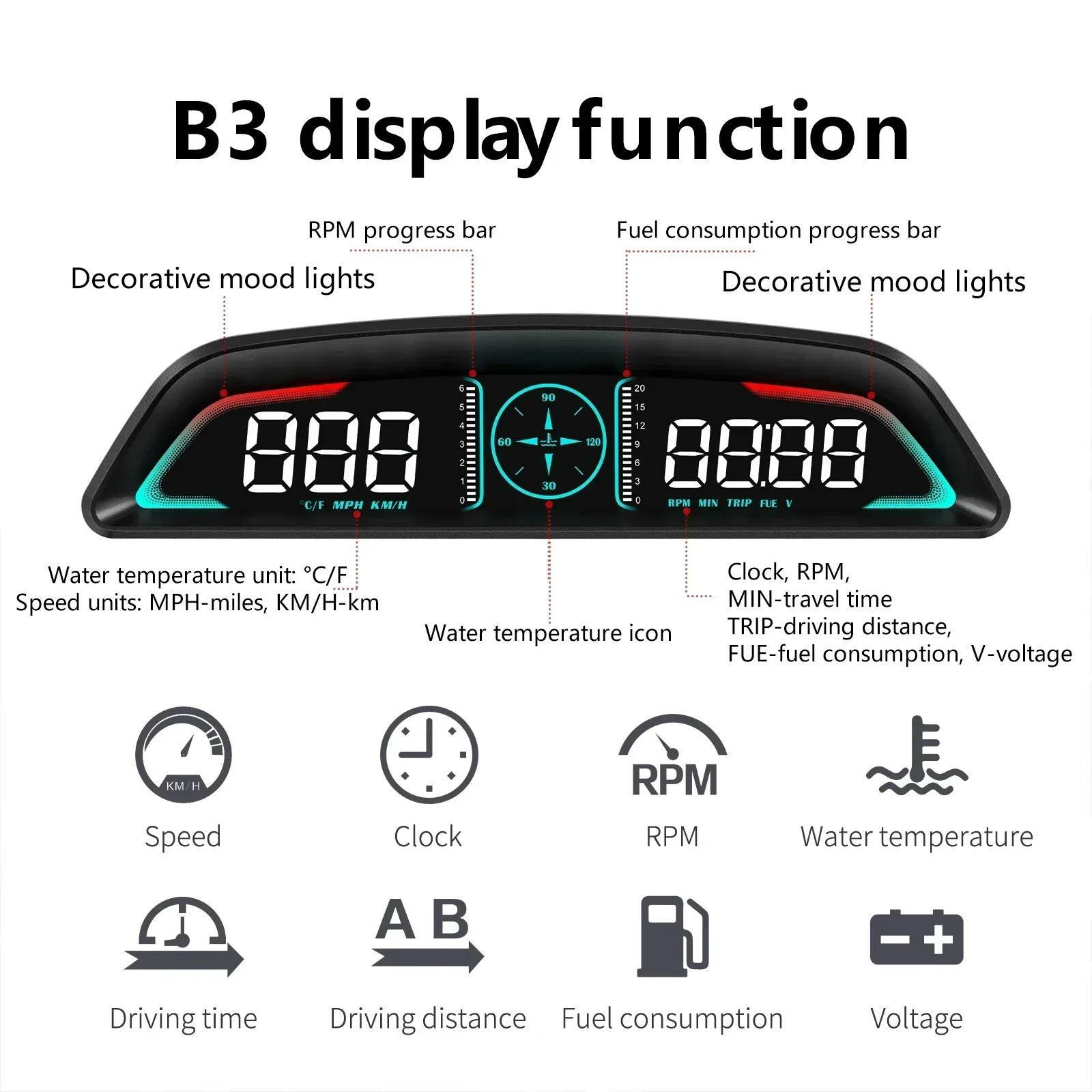 B3 عداد السرعة رئيس يصل العرض OBD2 HUD سيارة مقياس سرعة الدوران درجة حرارة الماء مع إنذار السيارات استهلاك الوقود فولت متر مقياس