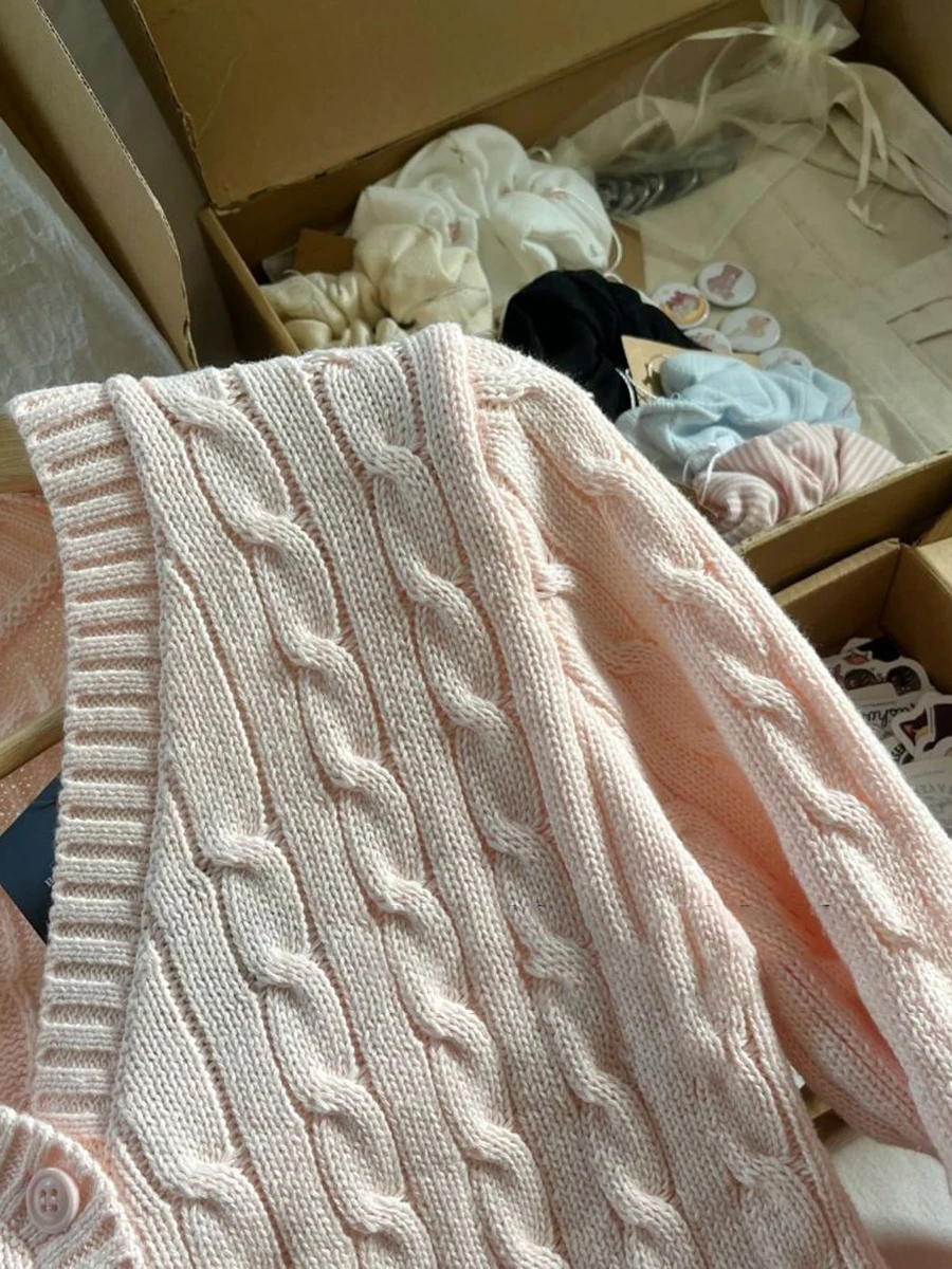 New Pink Twisted Flower Sweater Cardigan Autumn Long Sleeve V-neck Single Breasted Knitcoat Solid Simple Cotton Sweet Sweaters