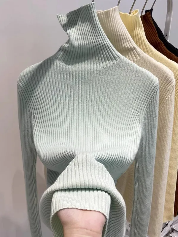 

Korean Sle High Collar Long Sve Thiened Knitted Sweater Women's Slim Fit Lazy Sle Base Layer Top for Autumn Winter