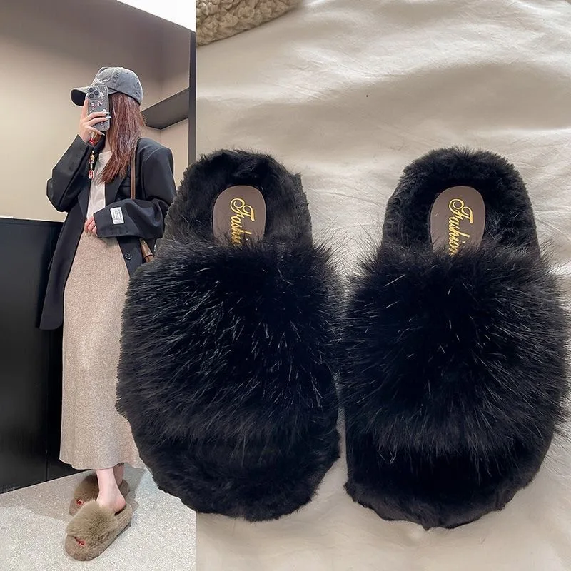 2026 Hausschuhe für Damen, flauschige offene Zehenschuhe, flache Plüsch-Hausschuhe, gemütliche, warme, weiche Sohle, rutschfest – Detail 2