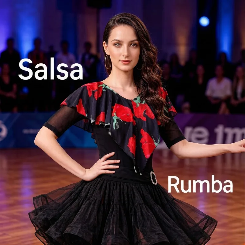 

Women V Neck Printed Short Sleeve Latin Dance Top S-3XL Adult Ballroom Waltz Practice Performance Summer Pro Dance Costume