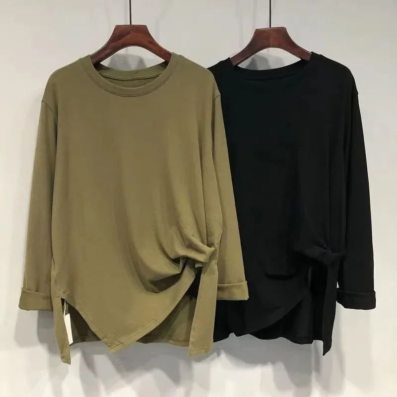 

plus Size 300 Pou Women's T-irt Long Sve round Ne Unusual Split Design Autumn Versatile Color Casual Top