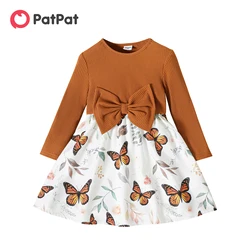 PatPat Toddler Girl Dress Floral Leaf / Butterfly Print Splice Bowknot Design Long-sleeve Dress for Girl