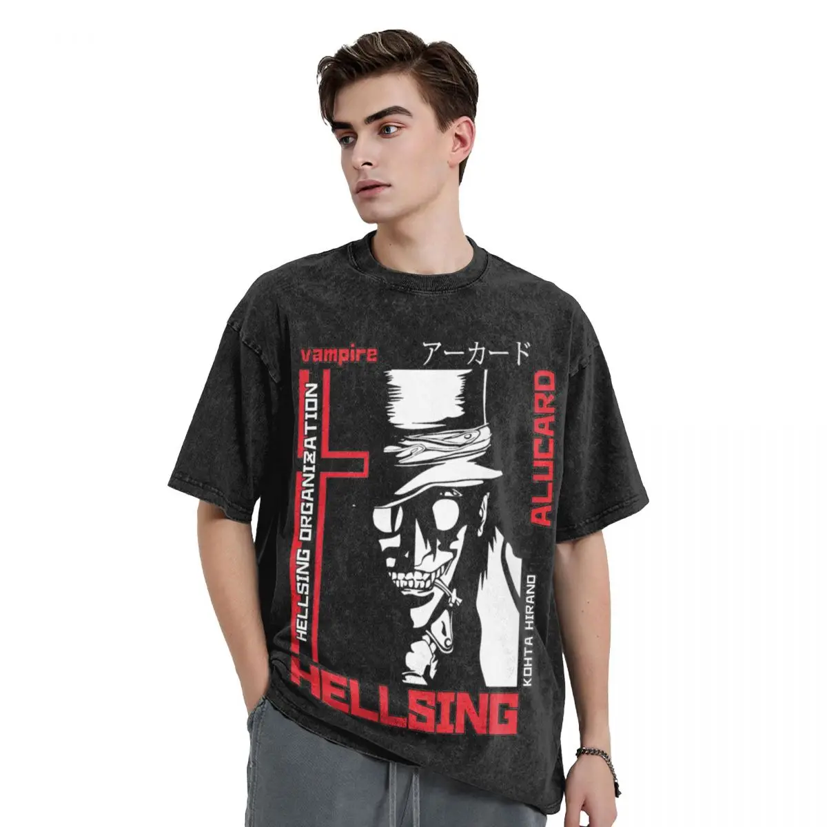 Washed T Shirt Hellsing T-Shirts High Street Anime Alucard Vampire Streetwear 100% Cotton Printed Tops Tee Shirt Men Women