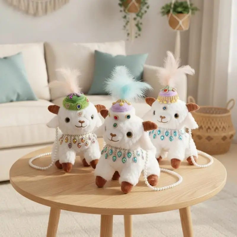 1Pcs Ethnic Style Plush Lamb Kids Backpack Soft Fluffy Fabric Pearl Strap For Travel Daily Outings Cultural Events