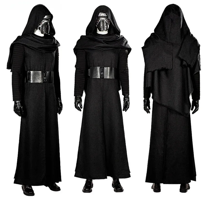 

Black Kylo Ren Cosplay Costume Adult Jedi Killer Costume Mens Battle Suit with Cloak Helmet Boots Halloween Party Outfits