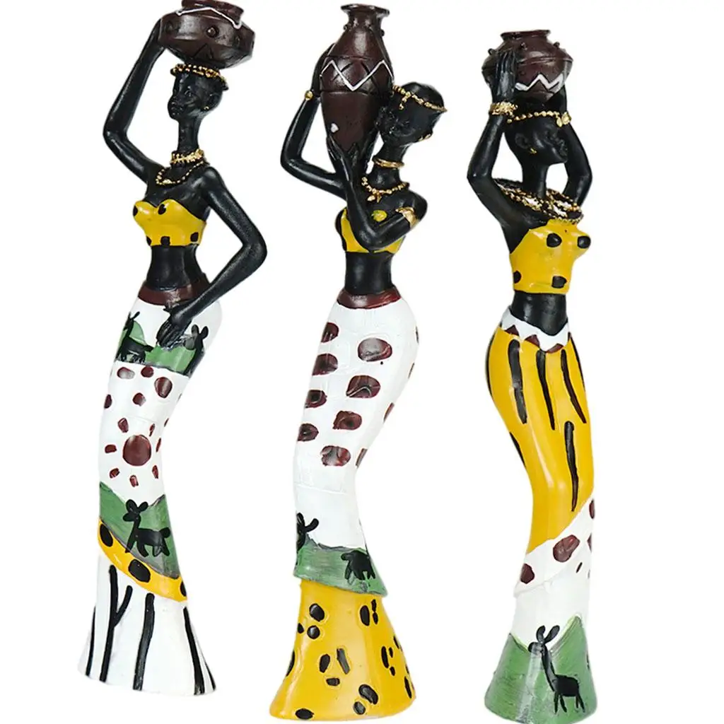3Pcs Retro African Woman Statue Exotic Resin Culture Figurines Set for Home Hotel Living Room Decoration Craft Ornaments