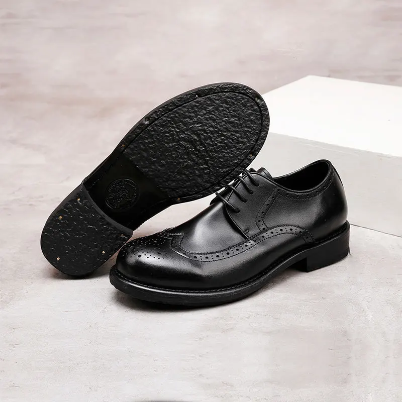 Men's Goodyear Welt Dress Shoes, British Style Vintage Washed Brogue Business Oxfords, Chunky Sole Wedding Dress Shoes