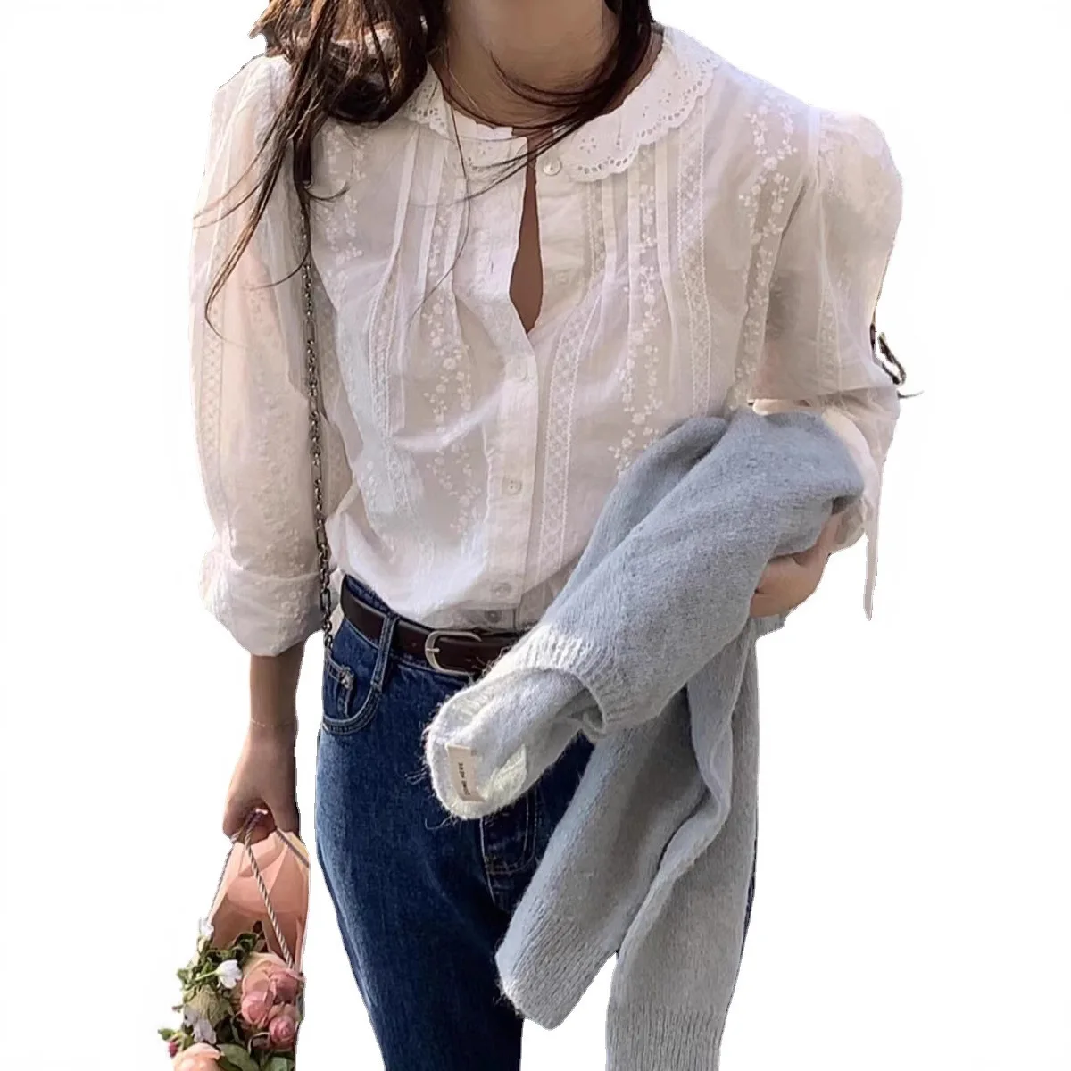 Women's White Eyelet Embroidered Blouse with Lace Ruffled Collar, Vintage Long Sleeve Button-Down Shirt ﻿ view 6