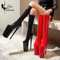 Women Knee-High Boot Super High Heel 26CM Nightclub Knee Boots Women Strappy Zipper Round Toe Booties Strippers Dance Model Shoe