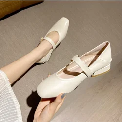 Ladies Summer Footwear Pearl Moccasins Shoes for Women 2024 Low Heel Elegant Japanese Style Lolita Mary Jane Square Toe White 39