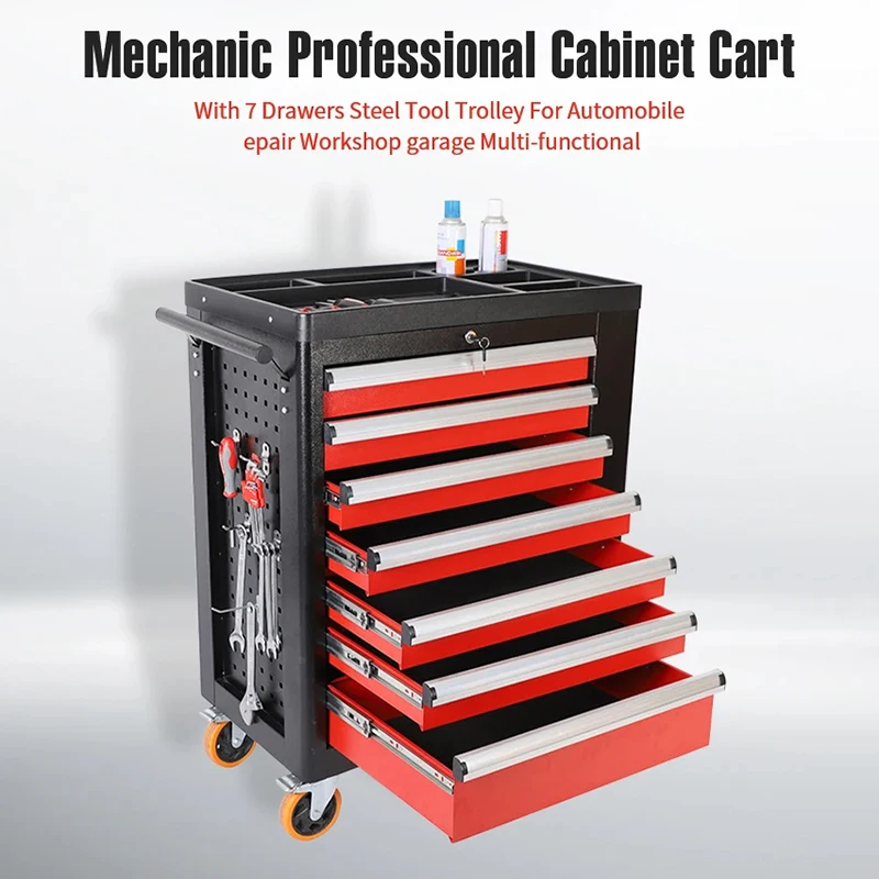 Carro de herramientas de 7 cajones con encimera antiincrustante, puede bloquear rueda, carrito de gabinete profesional mecánico para garaje, barbería, también caja