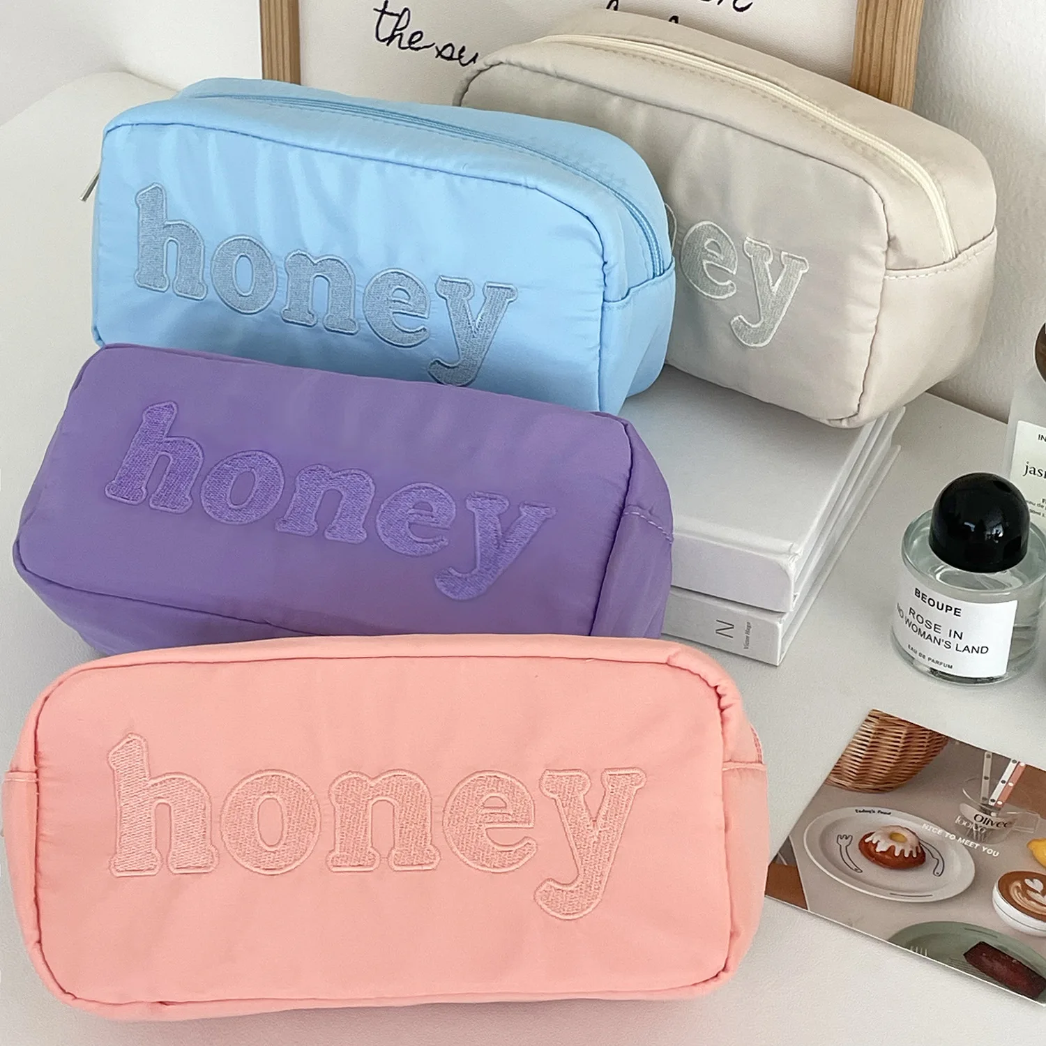 Nylon Cosmetic Bag for Women Portable Letter Embroidered Storage Bags Female Makeup Case Large Capacity Girls Travel Wash Bag