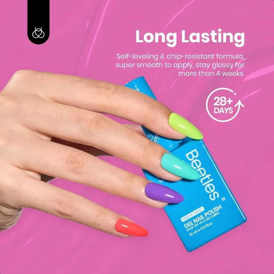 ชุดยาทาเล็บเจล Beetles Hema Free สีนีออนแบบฟอง 6 สี ขนาด 15 มล. สีนีออนสดใส ชมพูอมส้ม ส้ม เหลือง ฟ้า ม่วง