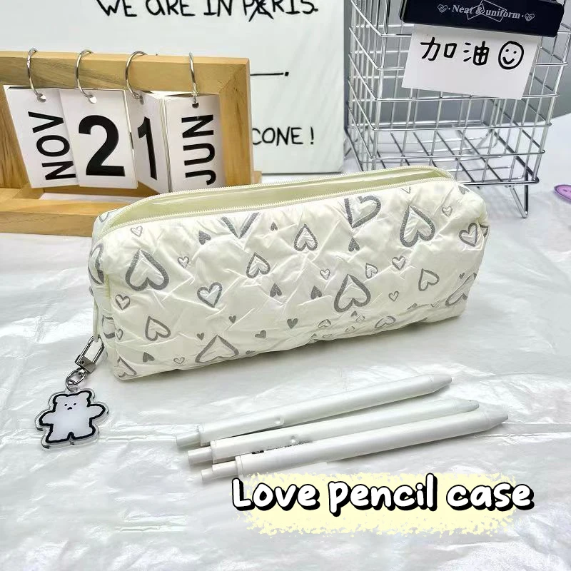 Kawaii Beige Love Pencil Box Lovely Large Capacity Pencil Case Cosmetic Bag Student Stationery Storage Pouch For Girl Gifts