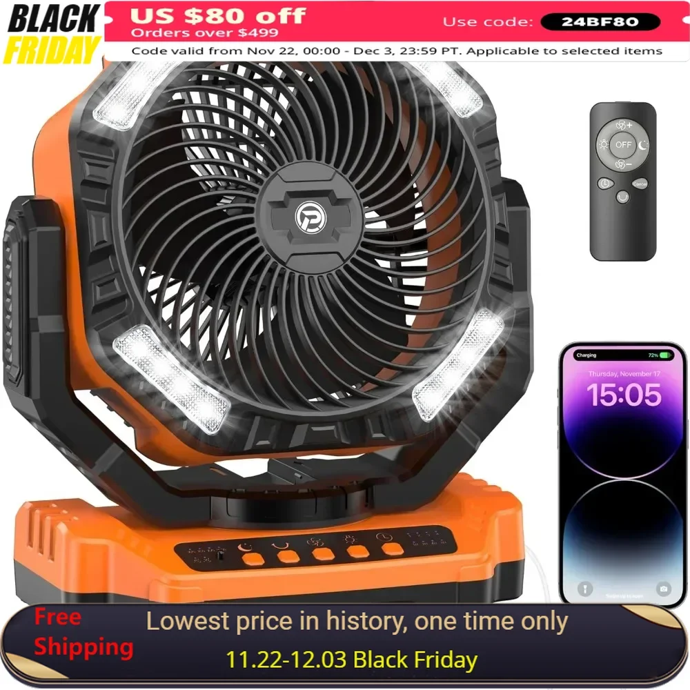 Portable Fan, 40000mAh Rechargeable Fans, Battery Operated Oscillating Outdoor Fans, with Remote Light Hook, Desk Fan