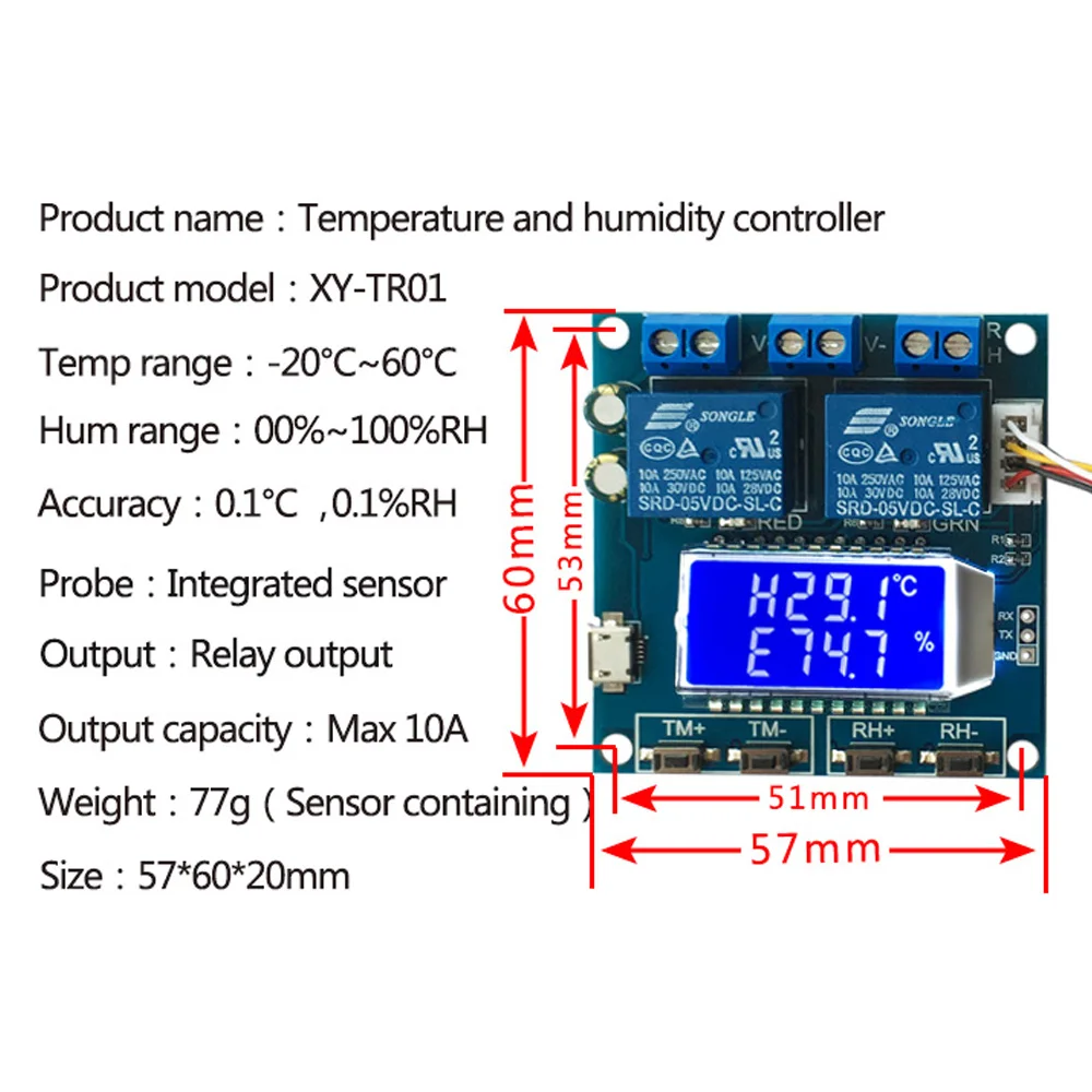 XY-TR01 pengontrol suhu kelembaban DC 12V 10A higrometer termometer termostat humistat Digital LCD Display modul Relay