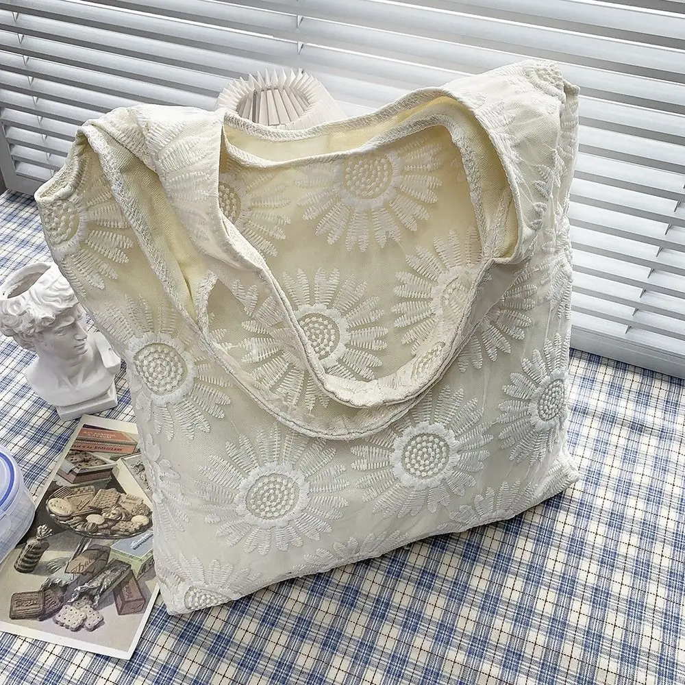 

Storage Pouch Sunflower Embroidery Women's Shoulder Bag INS Soft Casual Tote Bags Lace Spacious Interior Shopping Bags Girls