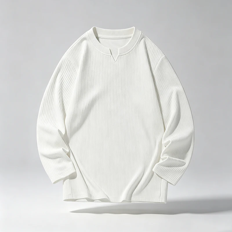 Herren-T-Shirt mit V-Ausschnitt, langen Ärmeln, vertikalen Streifen, geripptem Stoff, lockerer Passform, bequem, lässig, Basic-Oberteil für Herren. – Detail 7