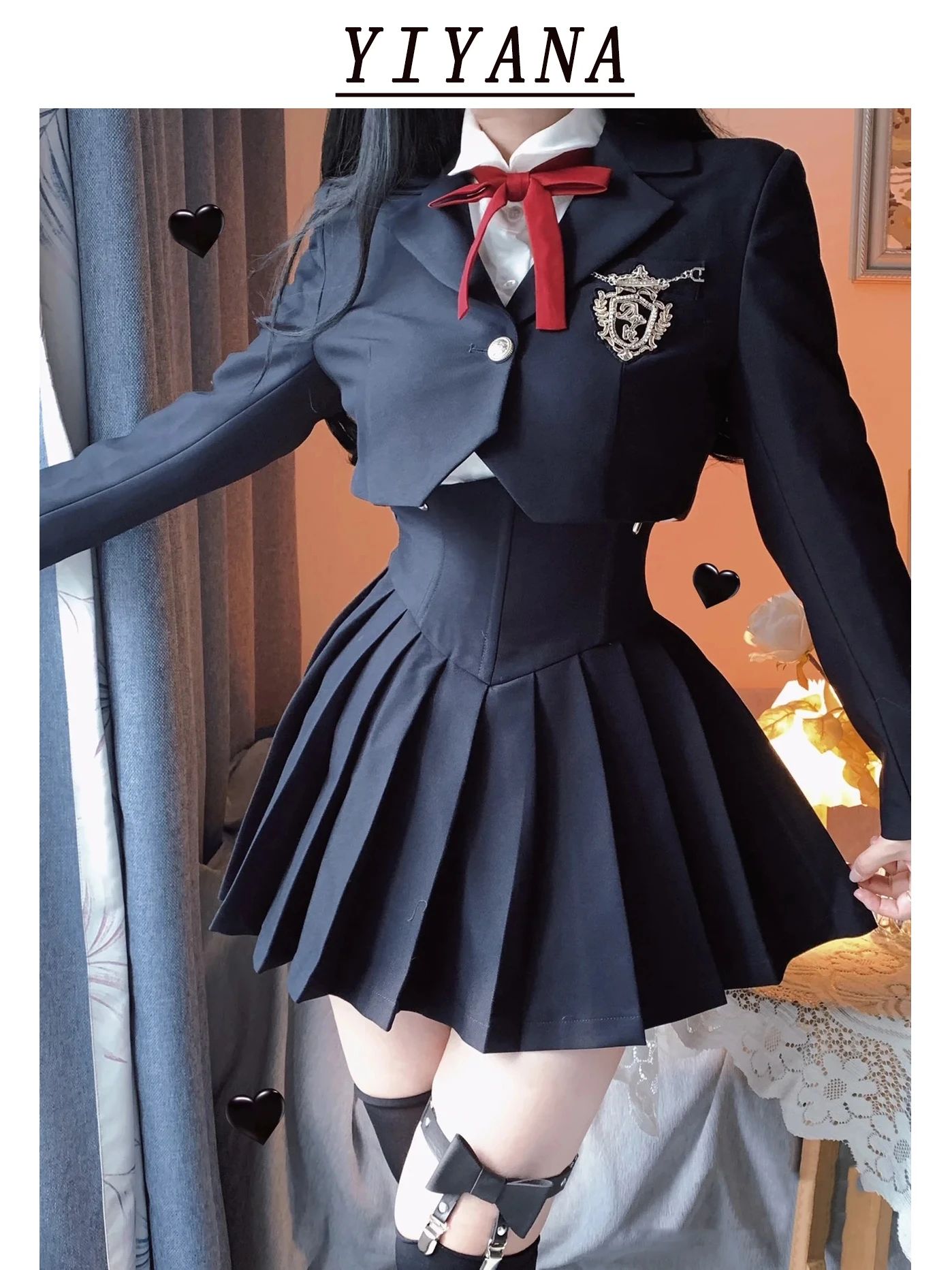 Spring 2024 Preppy Style American Uniform Set Girls Short Suit Coat Long Sleeve White Shirt Slim High Waist Pleated Skirt Navy