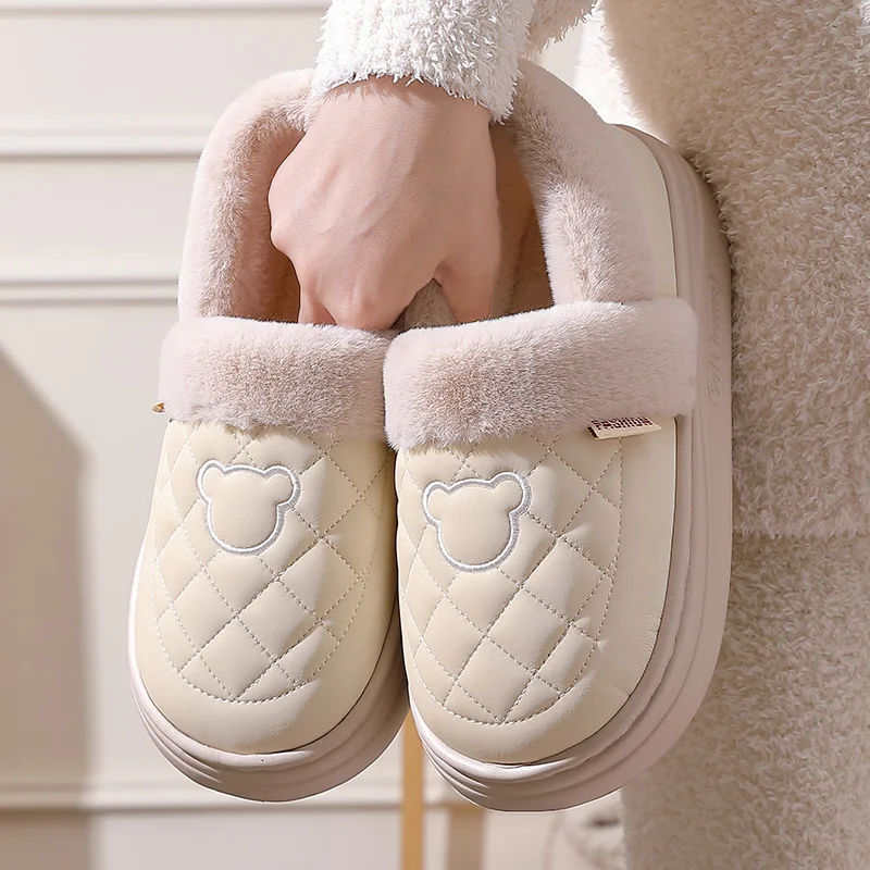 Winter Warm Slippers For Women Men PU Leather Quilted Fur Shoes Soft Thick Platform Fleece Lined Anti-Skid Indoor Bedroom Bootie