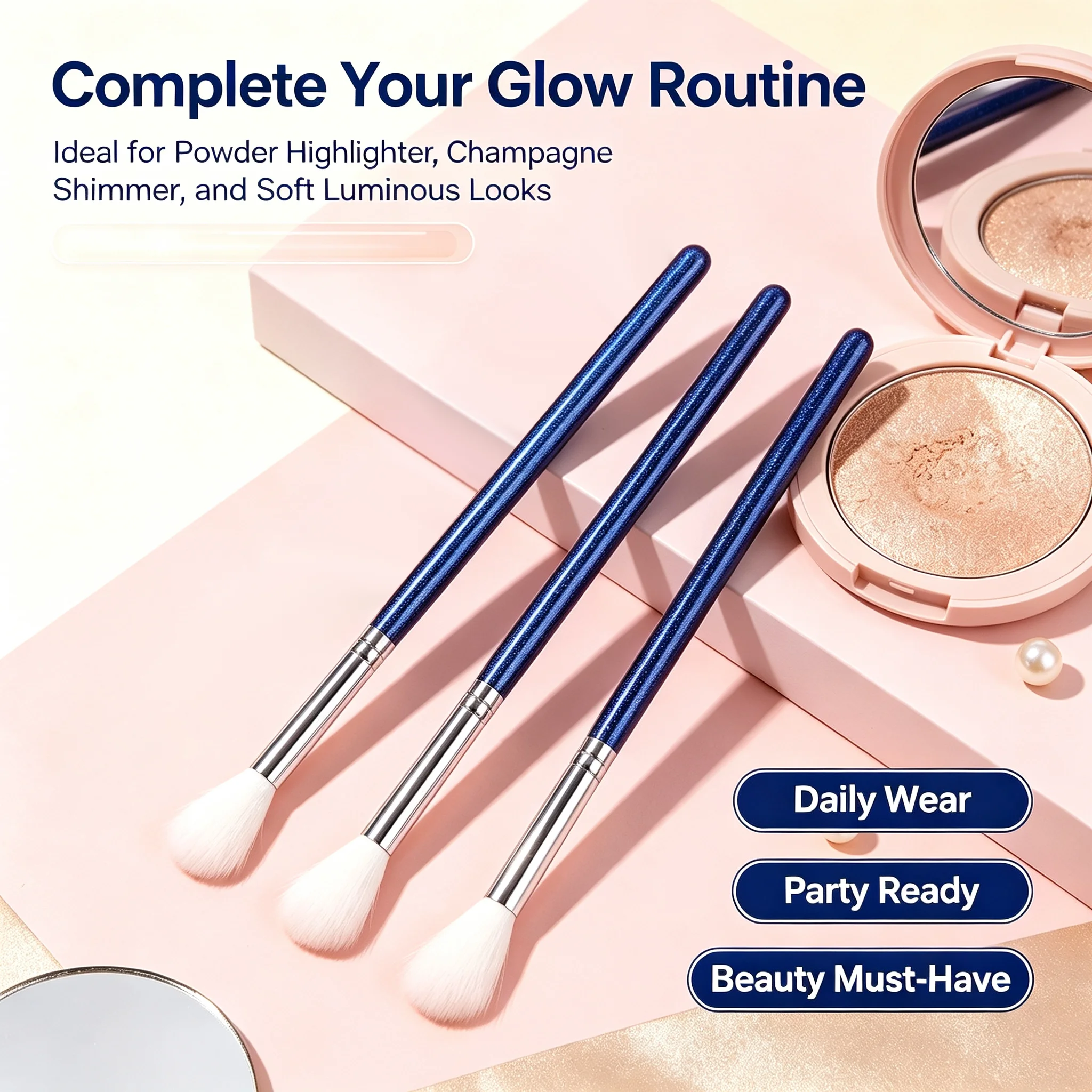 3Pcs Highlighter Makeup Brushes Set,Precision Powder Brushes for Highlight, Shimmer & Luminous Makeup, Beauty Tools